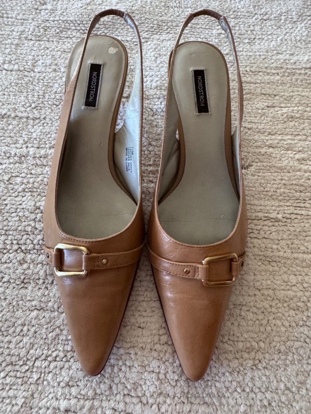 NORDSTROM Shoes Women's 7.5M Camel/Tan Sling Back Pointed Toe Leather Kitty Heel